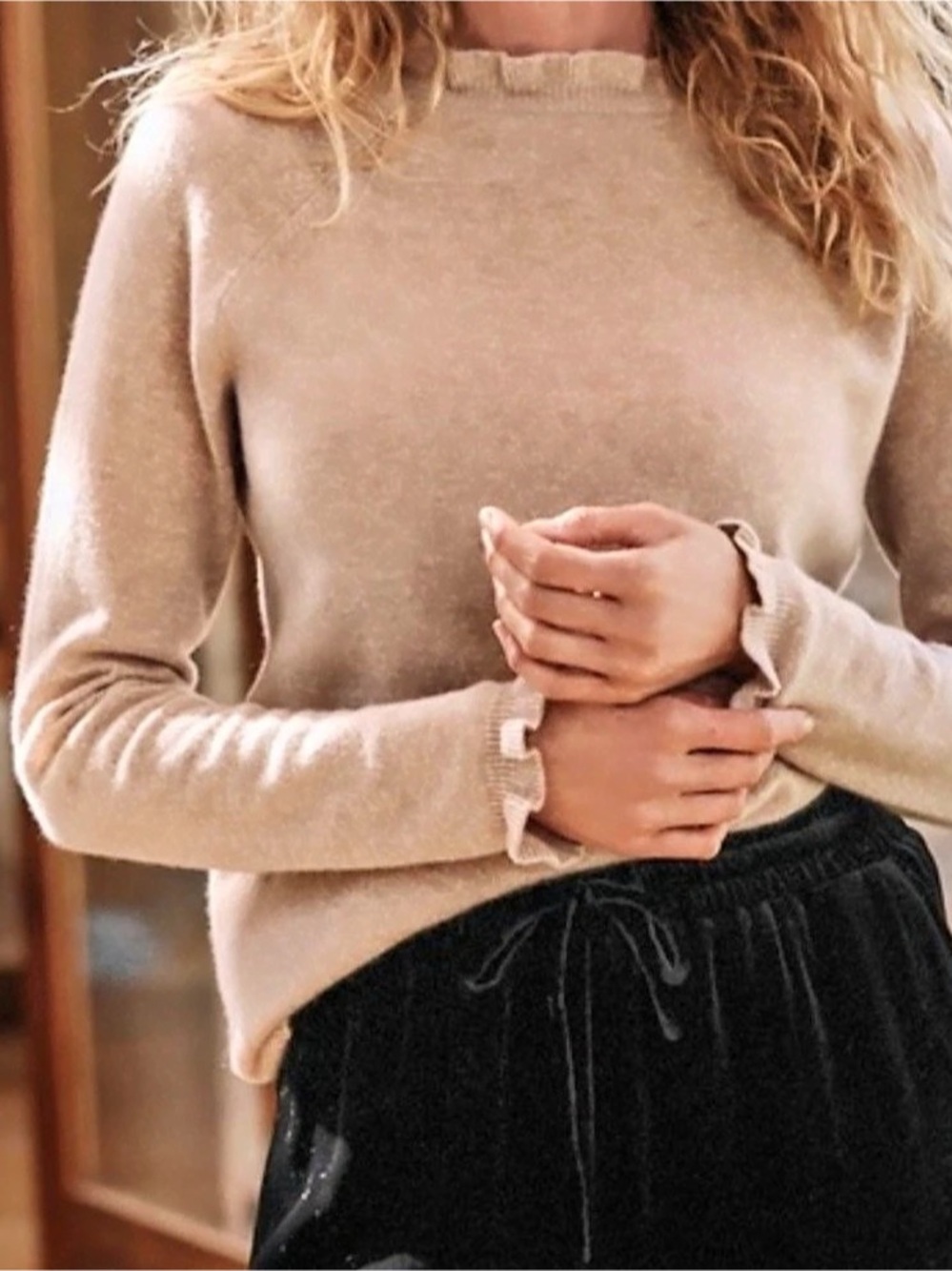 Garnet Hill Cashmere Ruffled-Mock-Neck Sweater